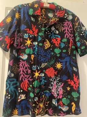 VTG Hawaiian Button Shirt Tropical Fish Under Sea All Over Print Sz L Coral Reef